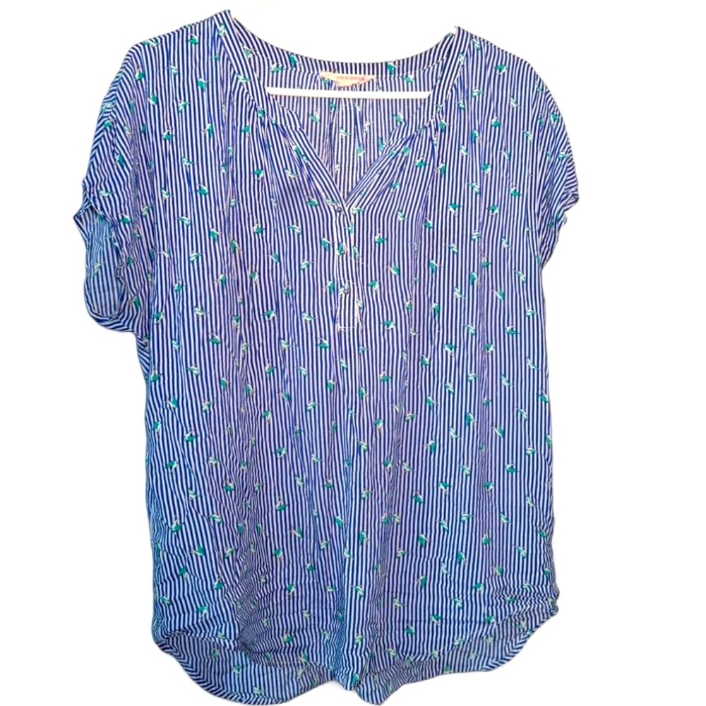 3/$12 Grand & Greene Blue Cuffed Sleeve Blouse with Mandarin Collar Large